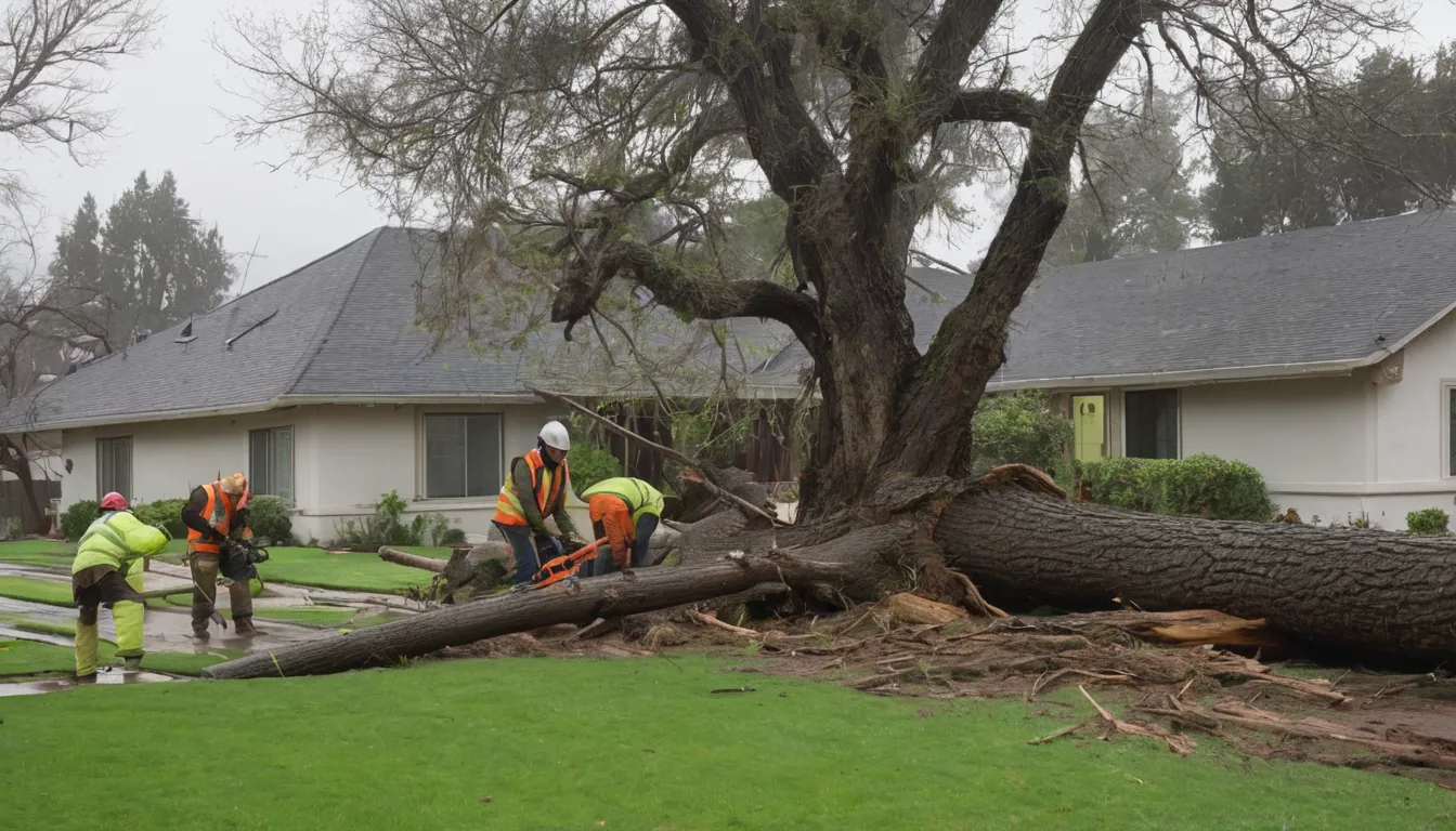 A local tree provider cutting a storm-fallen tree away from a stucco ranch home in Concord