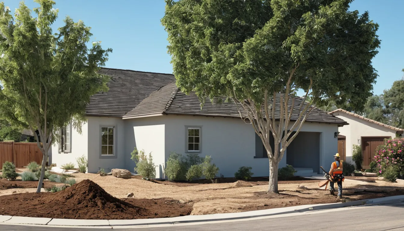 A provider in a hard hat cutting a backyard tree in sections beside a stucco ranch home in Concord
